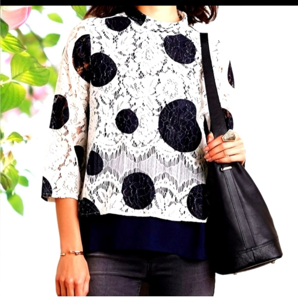 Lovely Lacy Navy & White Polka Dot Blouse